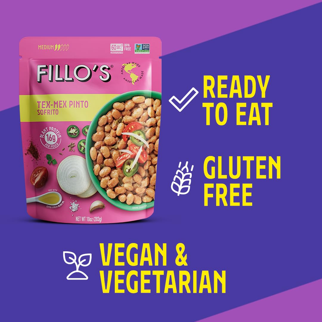 Fillo's Tex Mex Pinto Beans - Ready to Eat Beans, Gluten-Free, Preservative-Free, Microwavable, Non-GMO, Vegan Friendly, Plant Protein, 10 oz Pk of 61