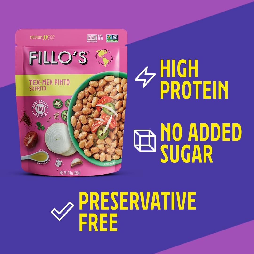 Fillo's Tex Mex Pinto Beans - Ready to Eat Beans, Gluten-Free, Preservative-Free, Microwavable, Non-GMO, Vegan Friendly, Plant Protein, 10 oz Pk of 62
