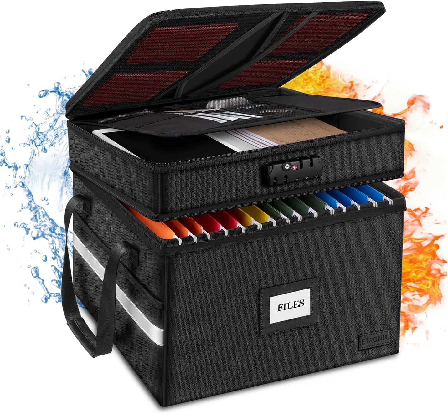 Fireproof Document Box with Lock, ETRONIK 2 Layer File Organizer with 5 ...