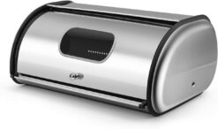 Flexzion Stainless Steel Bread Box Holder (13 inch) - Kitchen Countertop Metal Bread Storage with Roll Up Lid & Front Window for Restaurant & Homemade Cakes, Buns, Pastries, Pancakes, Cookies
