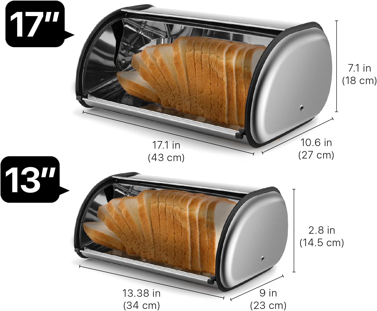 Flexzion Stainless Steel Bread Box Holder (13 inch) - Kitchen Countertop Metal Bread Storage with Roll Up Lid & Front Window for Restaurant & Homemade Cakes, Buns, Pastries, Pancakes, Cookies2