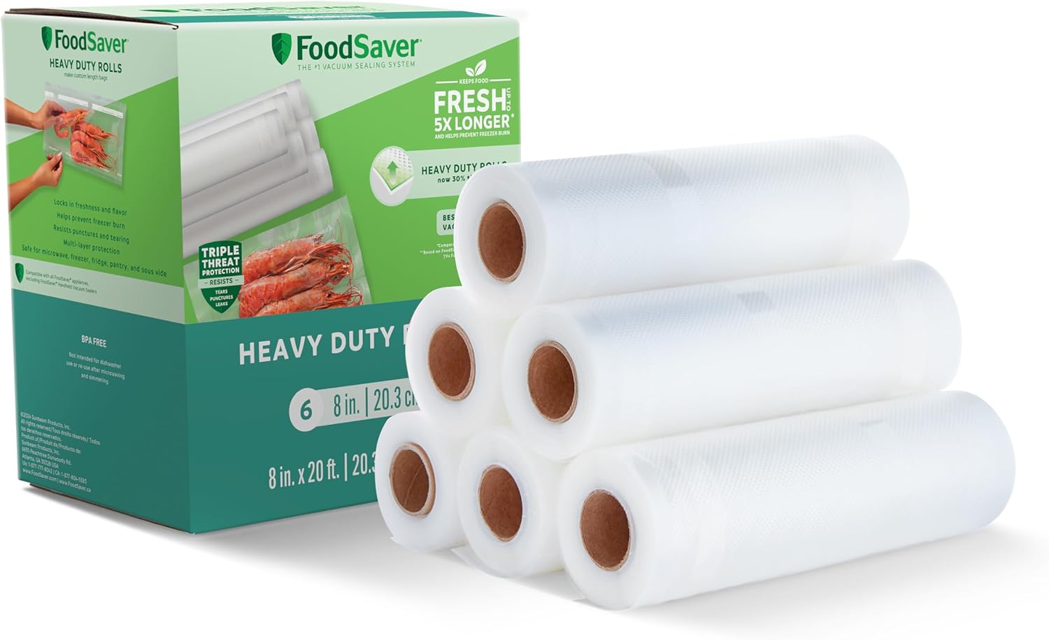 FoodSaver Heavy-Duty Vacuum Seal 8 x 20' Roll, 6-Pack, Ideal for Food Storage and Sous Vide Cooking FoodSaver Heavy-Duty Vacuum Seal 8 x 20' Roll, 6-Pack, Ideal for Food Storage and Sous Vide Cooking