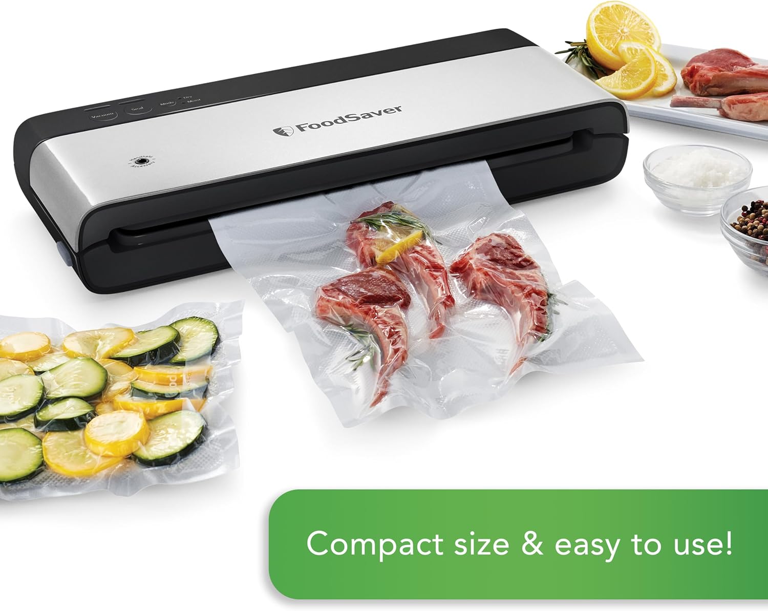 FoodSaver PowerVac Compact Vacuum Sealing Machine, Stainless Steel & Black, Vertical Storage, VS0150 Preserves freshness, reduces bag waste, for both dry and wet food1