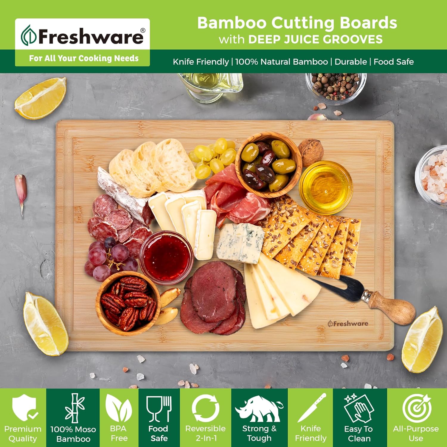 Freshware 24 Inch 3XL Bamboo Cutting Boards for Kitchen, Stove Top Butcher Block, Extra Large Wooden Carving Board for Meat, Veggies, Charcuterie Board with Deep Juice Grooves (3XL, 24x18)3