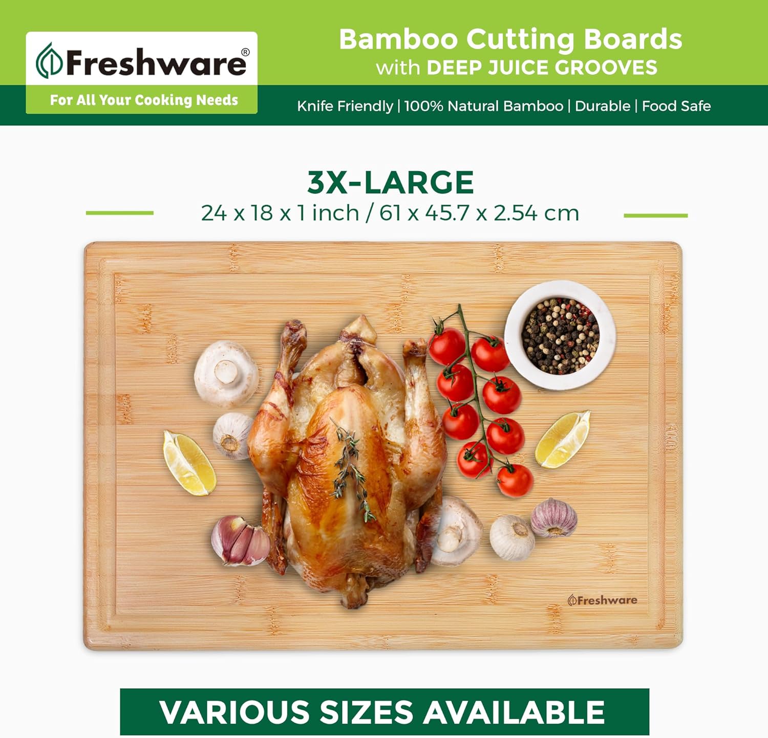 Freshware 24 Inch 3XL Bamboo Cutting Boards for Kitchen, Stove Top Butcher Block, Extra Large Wooden Carving Board for Meat, Veggies, Charcuterie Board with Deep Juice Grooves (3XL, 24x18)7
