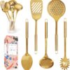 Gold Cooking Utensils Set - 5 PC Stainless Steel for Modern Cooking & Serving - Dishwasher Safe Gold Ladle, Serving Spoon & More - Luxury Brass Kitchen Utensils for Home Chefs - Gold Kitchen Decor