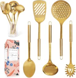 Gold Cooking Utensils Set - 5 PC Stainless Steel for Modern Cooking & Serving - Dishwasher Safe Gold Ladle, Serving Spoon & More - Luxury Brass Kitchen Utensils for Home Chefs - Gold Kitchen Decor