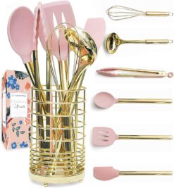 Gold & Pink Kitchen Utensil Set with Holder - Pink Cooking Utensils:Gold Whisk,Gold Ladle,Pink Spatula,Gold Tongs,Pink Spoon,Turner,Gold Utensil Holder - Pink Kitchen Accessories & Pink Kitchen Decor