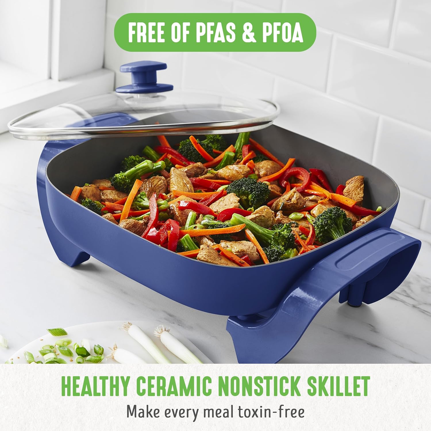 GreenLife 12 5QT Square Electric Skillet, Glass Vented Lid, Ceramic PFAS-Free Nonstick Coated Interior, Adjustable Temperature Control, Cool Touch Handles, Quick Even Heating, Scratch Resistant, Blue1