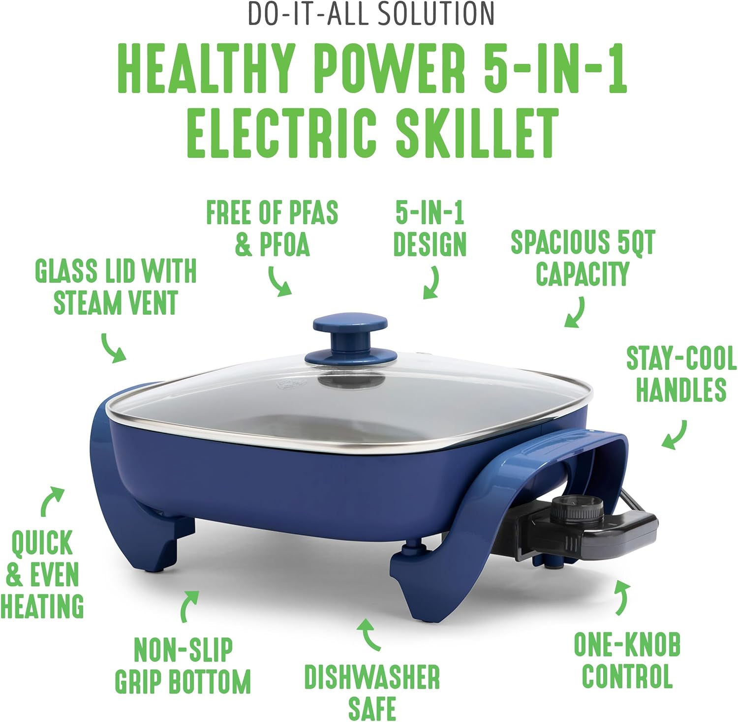 GreenLife 12 5QT Square Electric Skillet, Glass Vented Lid, Ceramic PFAS-Free Nonstick Coated Interior, Adjustable Temperature Control, Cool Touch Handles, Quick Even Heating, Scratch Resistant, Blue2