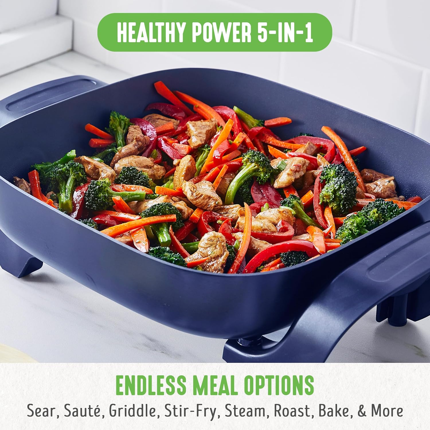 GreenLife 12 5QT Square Electric Skillet, Glass Vented Lid, Ceramic PFAS-Free Nonstick Coated Interior, Adjustable Temperature Control, Cool Touch Handles, Quick Even Heating, Scratch Resistant, Blue4