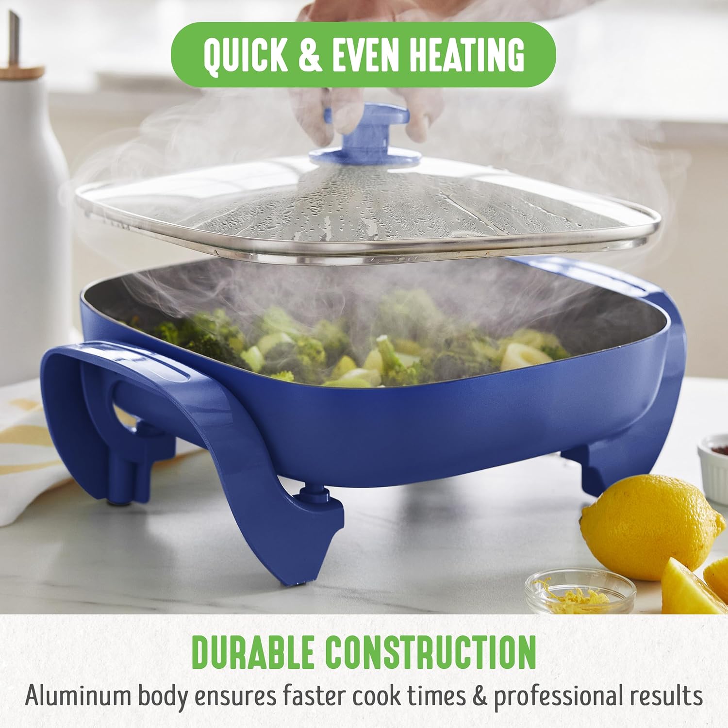 GreenLife 12 5QT Square Electric Skillet, Glass Vented Lid, Ceramic PFAS-Free Nonstick Coated Interior, Adjustable Temperature Control, Cool Touch Handles, Quick Even Heating, Scratch Resistant, Blue8