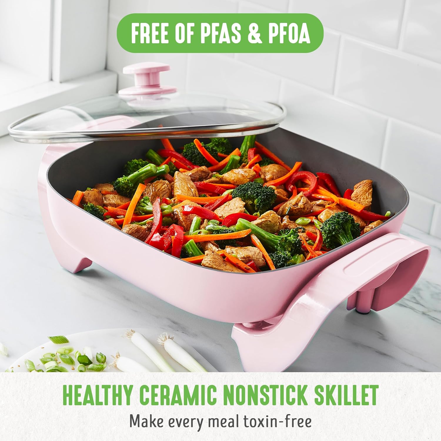 GreenLife12 5QT Square Electric Skillet, Glass Vented Lid, Ceramic PFAS-Free Nonstick Coated Interior, Adjustable Temperature Control, Cool Touch Handles, Quick Even Heating, Scratch Resistant, Pink1