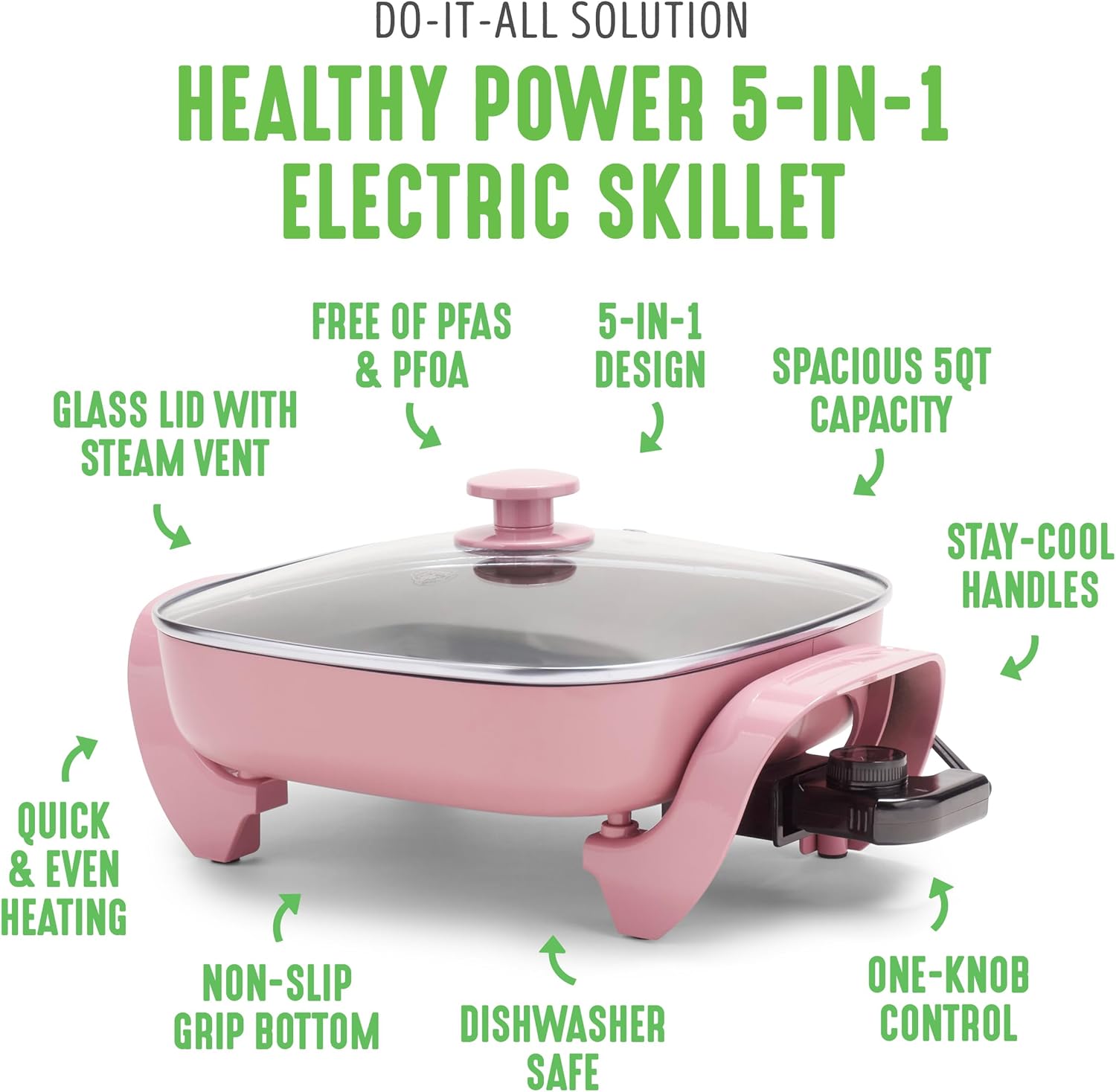 GreenLife12 5QT Square Electric Skillet, Glass Vented Lid, Ceramic PFAS-Free Nonstick Coated Interior, Adjustable Temperature Control, Cool Touch Handles, Quick Even Heating, Scratch Resistant, Pink3