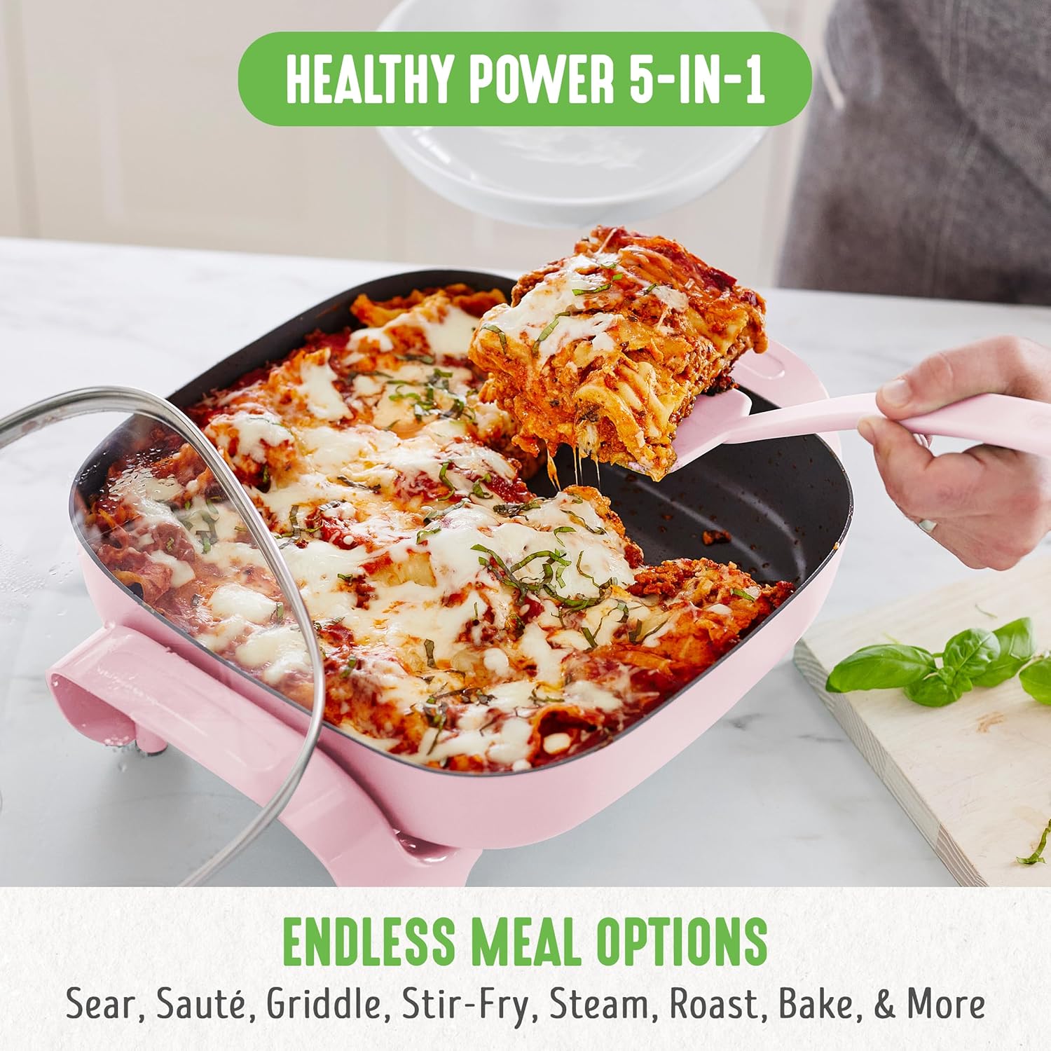 GreenLife12 5QT Square Electric Skillet, Glass Vented Lid, Ceramic PFAS-Free Nonstick Coated Interior, Adjustable Temperature Control, Cool Touch Handles, Quick Even Heating, Scratch Resistant, Pink45