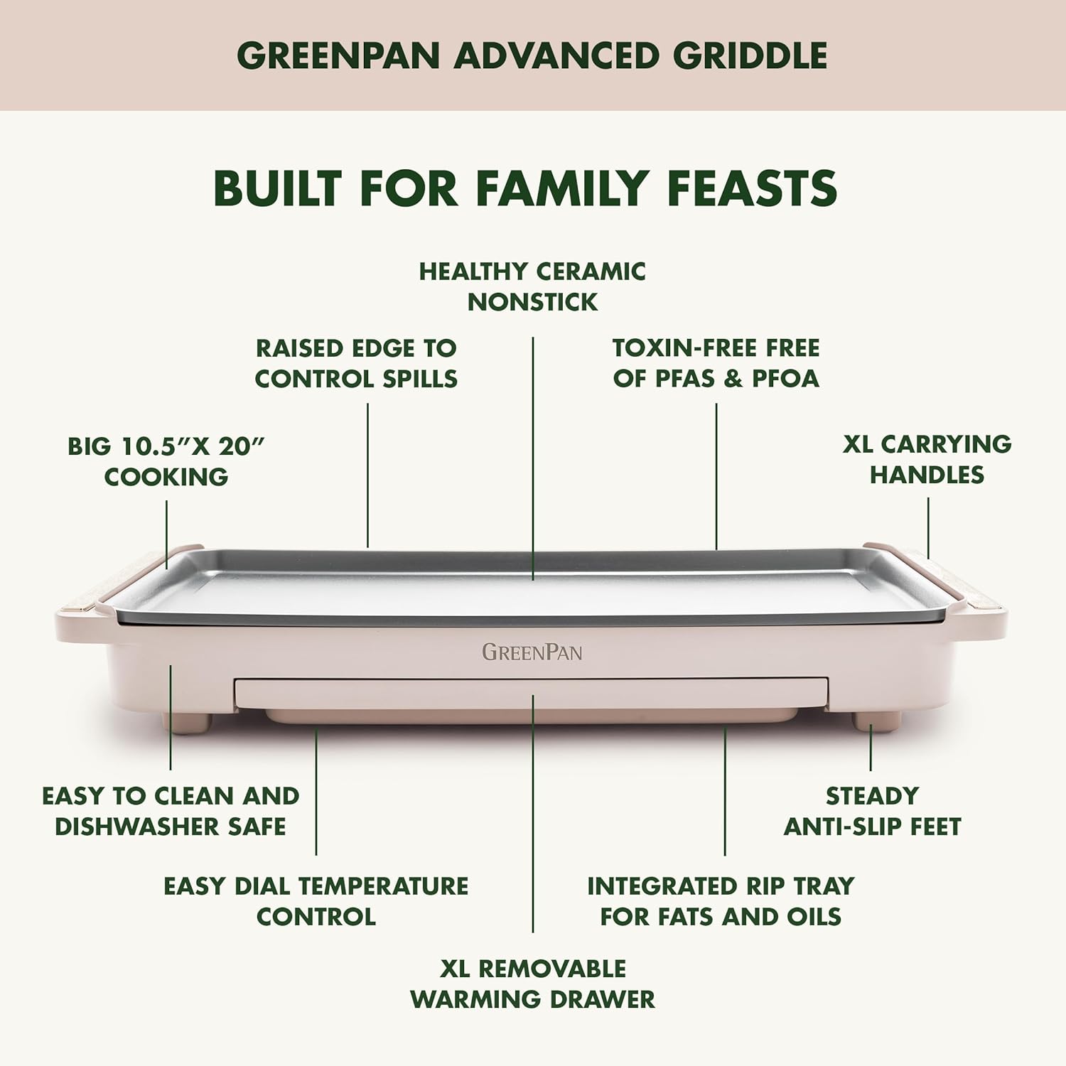 GreenPan Advanced 10.5”x 20” Electric Griddle with Warming Drawer, Healthy Ceramic Nonstick PFAS-Free Coating, Temperature Control, Easy and Versatile Countertop Meals, Dishwasher Safe, Clay3