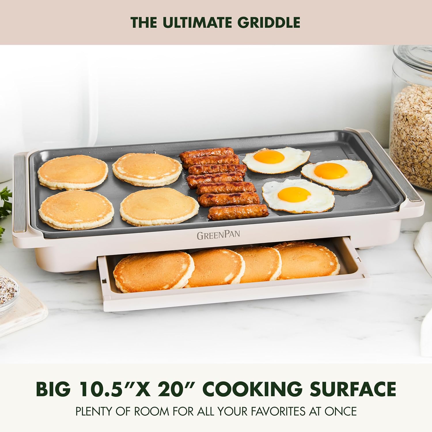 GreenPan Advanced 10.5”x 20” Electric Griddle with Warming Drawer, Healthy Ceramic Nonstick PFAS-Free Coating, Temperature Control, Easy and Versatile Countertop Meals, Dishwasher Safe, Clay5
