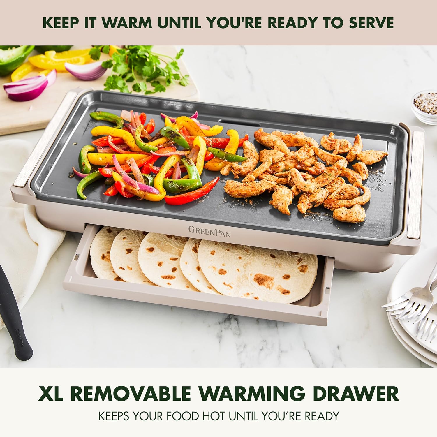 GreenPan Advanced 10.5”x 20” Electric Griddle with Warming Drawer, Healthy Ceramic Nonstick PFAS-Free Coating, Temperature Control, Easy and Versatile Countertop Meals, Dishwasher Safe, Clay7