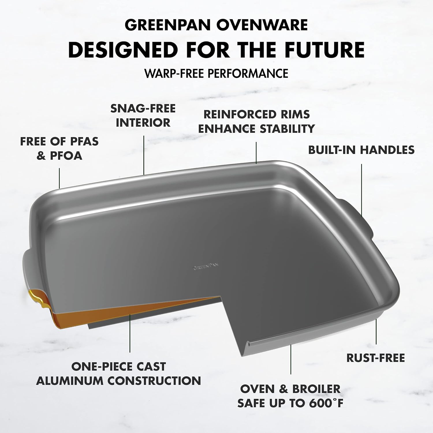 GreenPan Premiere Ovenware Healthy Ceramic Nonstick 13 x 9 Quarter Sheet Baking Pan, PFOA & PFAS-Free, Warp-Free Bakeware, Durable Quick Heating, Oven & Broiler Safe to 600F, Dishwasher Safe, Gray3