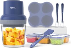 HEYVALUE Baby Food Maker, 13-in-1 Baby Food Processor Sets, Fruit, Vegatable, Meat, Food Puree Blender with Baby Food Containers, Food Freezer Tray, Silicone Spoons, Silicone Spatula (Dark Blue)