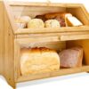 HOMEKOKO Double Layer Large Bread Box for Kitchen Counter, Wooden Large Capacity Bread Storage Bin (Natural Bamboo)