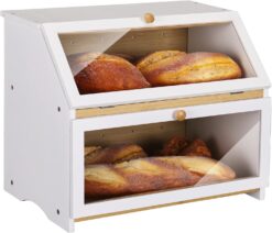 HOMEKOKO Double Layer Large Bread Box for Kitchen Counter, Wooden Large Capacity Bread Storage Bin (White)