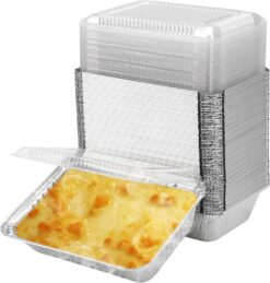 HOZEON 125 Pack 2.25lb 8.4 x 5.9 Inch Aluminum Foil Pans, Disposable Takeout Pans with Clear Lids, Disposable Aluminum Foil Trays for Cooking, Baking, Prepping Food, Takeout, Heating, Storing