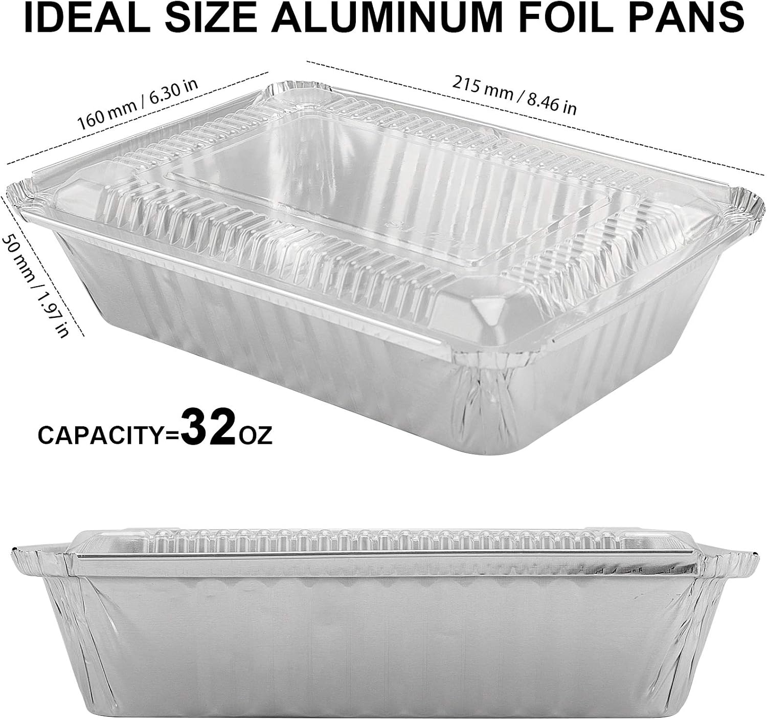 HOZEON 125 Pack 2.25lb 8.4 x 5.9 Inch Aluminum Foil Pans, Disposable Takeout Pans with Clear Lids, Disposable Aluminum Foil Trays for Cooking, Baking, Prepping Food, Takeout, Heating, Storing1