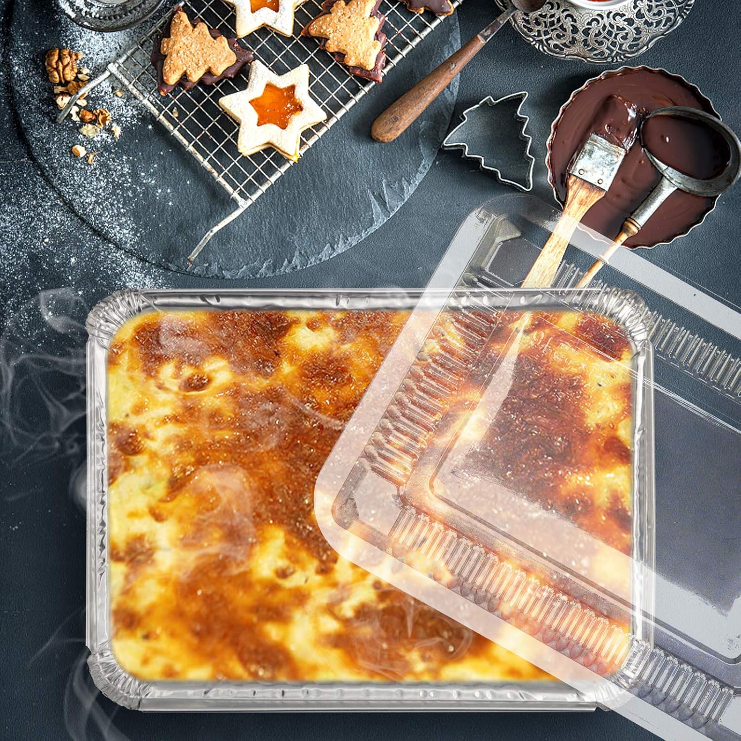 HOZEON 125 Pack 2.25lb 8.4 x 5.9 Inch Aluminum Foil Pans, Disposable Takeout Pans with Clear Lids, Disposable Aluminum Foil Trays for Cooking, Baking, Prepping Food, Takeout, Heating, Storing9