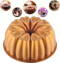 Heart Shape Aluminum Cake Pan, Titanium Coating, Non-Stick, 12 Cups, Heavy Duty, Mothers Day Bundt Cake Pan, 10 Inch Baking Mold, Cast Aluminum Fluted Tube Pan, Easy to Clean (Gold)