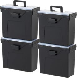 IRIS USA File Box Slim Portable File Organizer Plastic File Box for Letter File w/ Organizer-Lid, BPA-Free Storage, Water Resistant Document Box, Secure Buckle, Sturdy Handle, Black 4 Pack