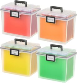 IRIS USA File Box WeatherPro Portable File Organizer Plastic File Box for Letter File w/ Organizer-Lid, Durable Lid and Seal w/ Secure Latching Buckles, Stackable and Nestable, Clear 19 Qt. 4 Pack
