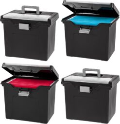 IRIS USA File Box with Lid Portable File Organizer for Letter File w/ Organizer in Lid, Water Resistant Document Box, Plastic Storage Organizer, Secure Buckle, Sturdy Handle, Lock Spot, Black 4 Pack