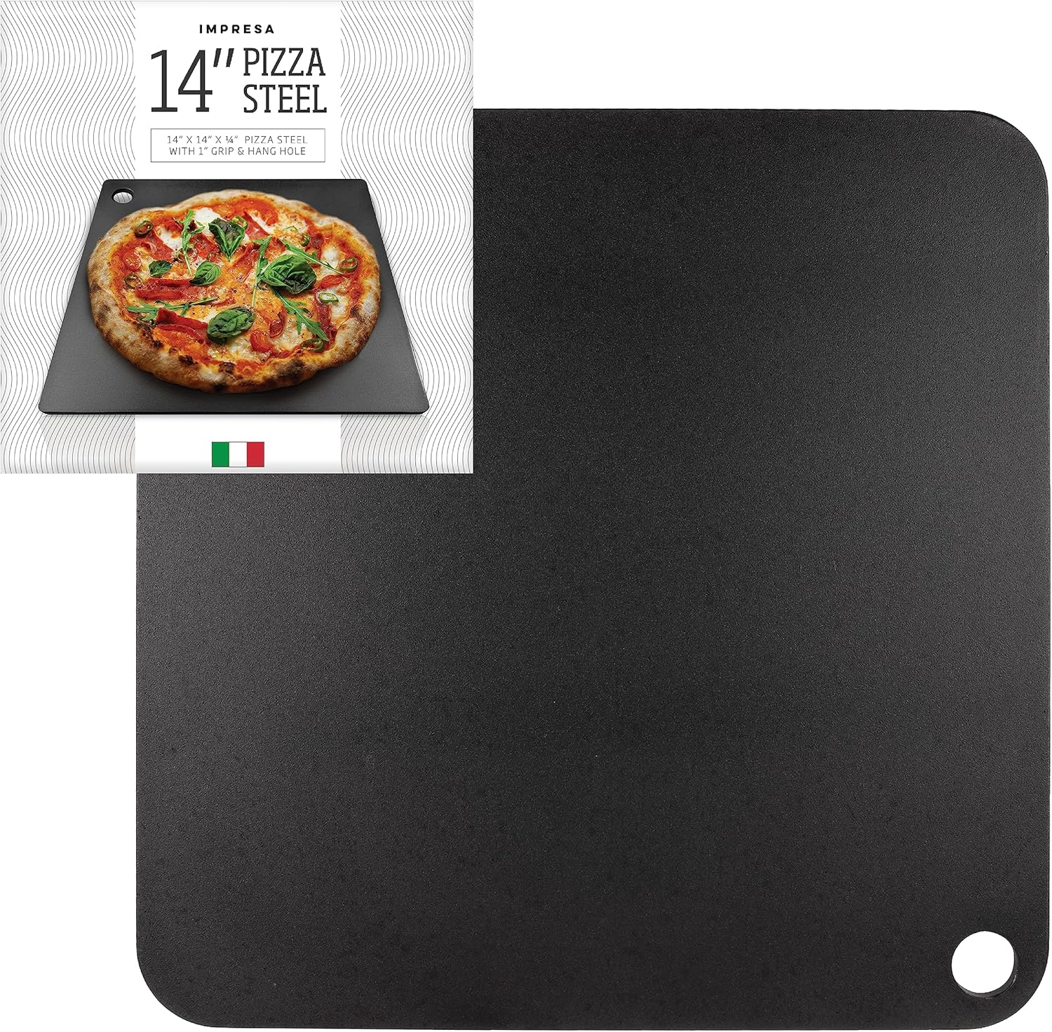 Impresa Pizza Steel for Oven - Durable Steel Platform with Finger Hole for Baking Pizza and Bread - 14x14 inches - Great Alternative to Pizza Stone - Create a Pizzeria Style Crust at Home90