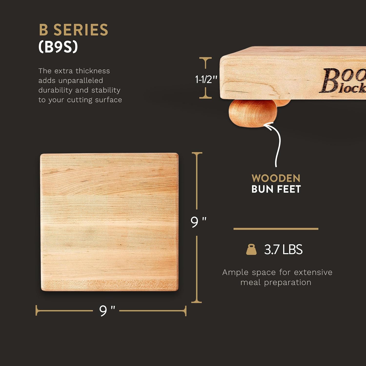 John Boos Boos Block B Series Square Wood Cutting Board with Feet, 1.5-Inch Thickness, 9 x 9 x 1 1 2, Maple1