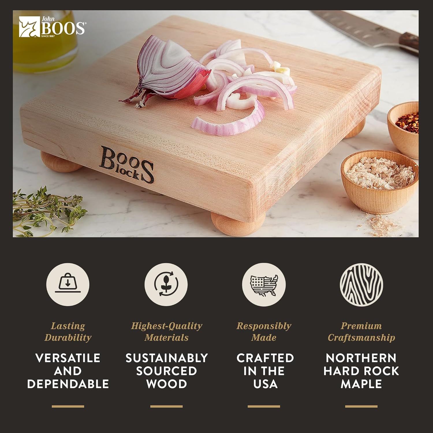 John Boos Boos Block B Series Square Wood Cutting Board with Feet, 1.5-Inch Thickness, 9 x 9 x 1 1 2, Maple3
