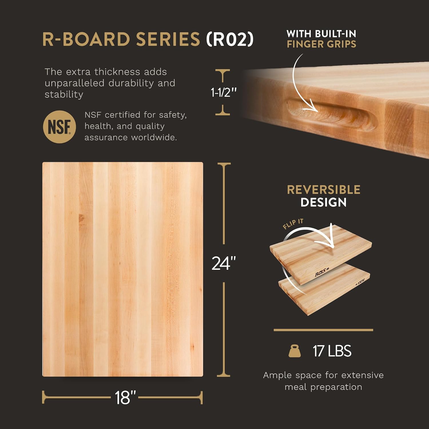 John Boos Boos Block R-Board Series Large Reversible Wood Cutting Board, 1.5-Inch Thickness, 24 x 18 x 1 1 2, Maple1