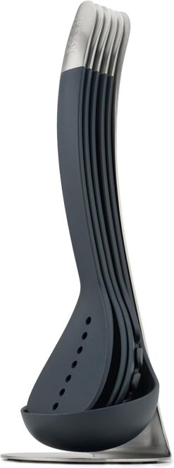 Joseph Joseph Nest 5 Compact Stacking Utensils kitchen tool set with magnetic storage stand, organization, dishwasher safe - Black/Stainless Steel