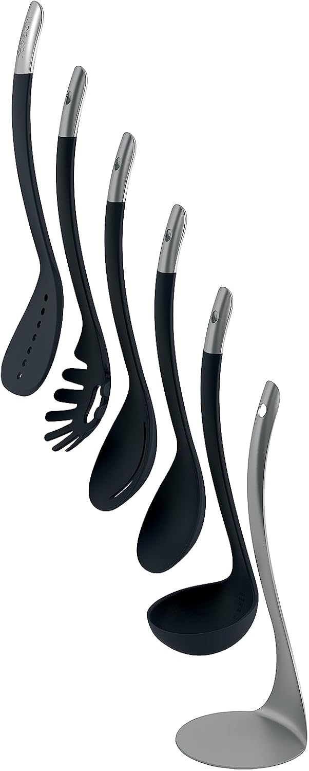Joseph Joseph Nest 5 Compact Stacking Utensils kitchen tool set with magnetic storage stand, organization, dishwasher safe - Black Stainless Steel4