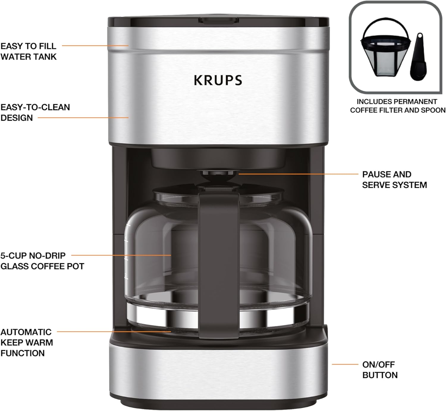 KRUPS Simply Brew 5 Cup Coffee Maker, Cold Brew, Drip Free & Keep Warm Functions, Stainless Steel Coffee Maker Silver and Black7