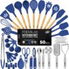 Kaluns 50 PCS Silicone Kitchen Utensils Set Complete Kitchen Set - 800°F Heat Resistant Non-Stick Premium Silicone Cooking Utensils W Wooden Handles - Can Opener, Masher, Turner, Silicone Spatula Set, Blue
