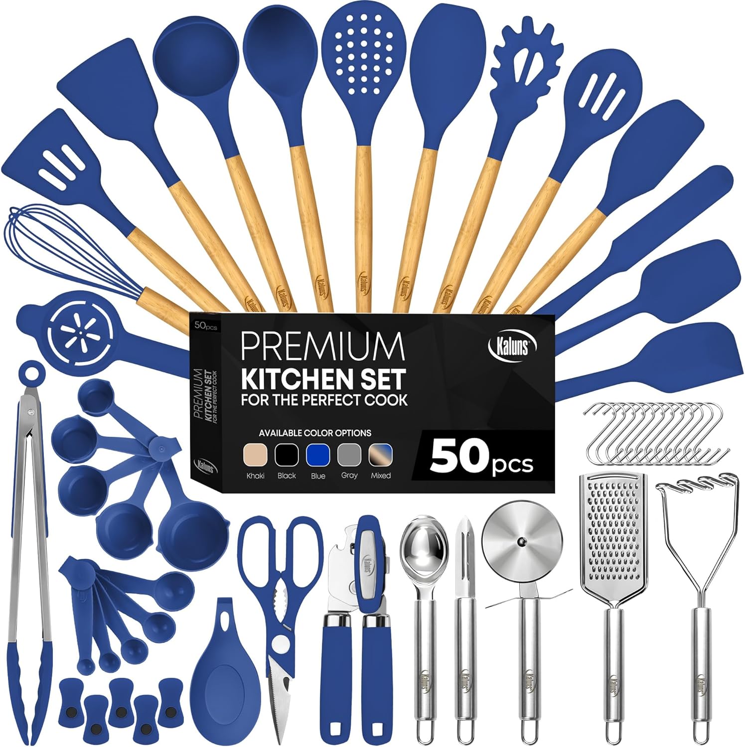 Kaluns 50 PCS Silicone Kitchen Utensils Set Complete Kitchen Set - 800°F Heat Resistant Non-Stick Premium Silicone Cooking Utensils W Wooden Handles - Can Opener, Masher, Turner, Silicone Spatula Set, Blue Kaluns 50 PCS Silicone Kitchen Utensils Set Complete Kitchen Set - 800°F Heat Resistant Non-Stick Premium Silicone Cooking Utensils W Wooden Handles - Can Opener, Masher, Turner, Silicone Spatula Set, Blue