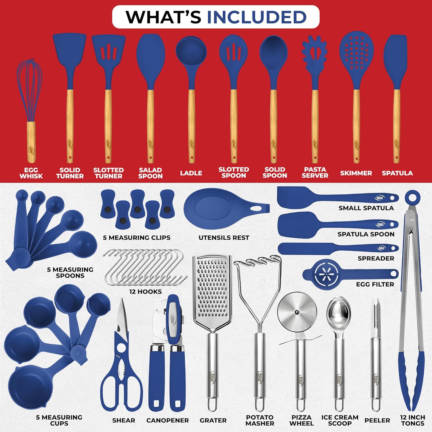 Kaluns 50 PCS Silicone Kitchen Utensils Set Complete Kitchen Set - 800°F Heat Resistant Non-Stick Premium Silicone Cooking Utensils W Wooden Handles - Can Opener, Masher, Turner, Silicone Spatula Set, Blue1