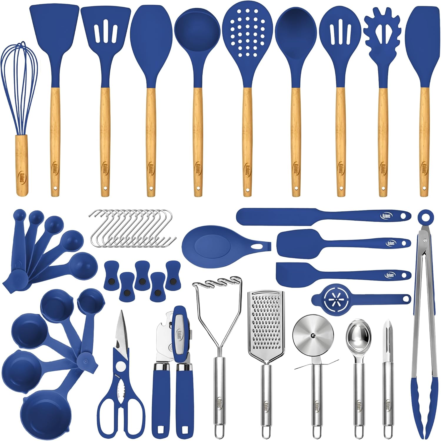 Kaluns 50 PCS Silicone Kitchen Utensils Set Complete Kitchen Set - 800°F Heat Resistant Non-Stick Premium Silicone Cooking Utensils W Wooden Handles - Can Opener, Masher, Turner, Silicone Spatula Set, Blue22