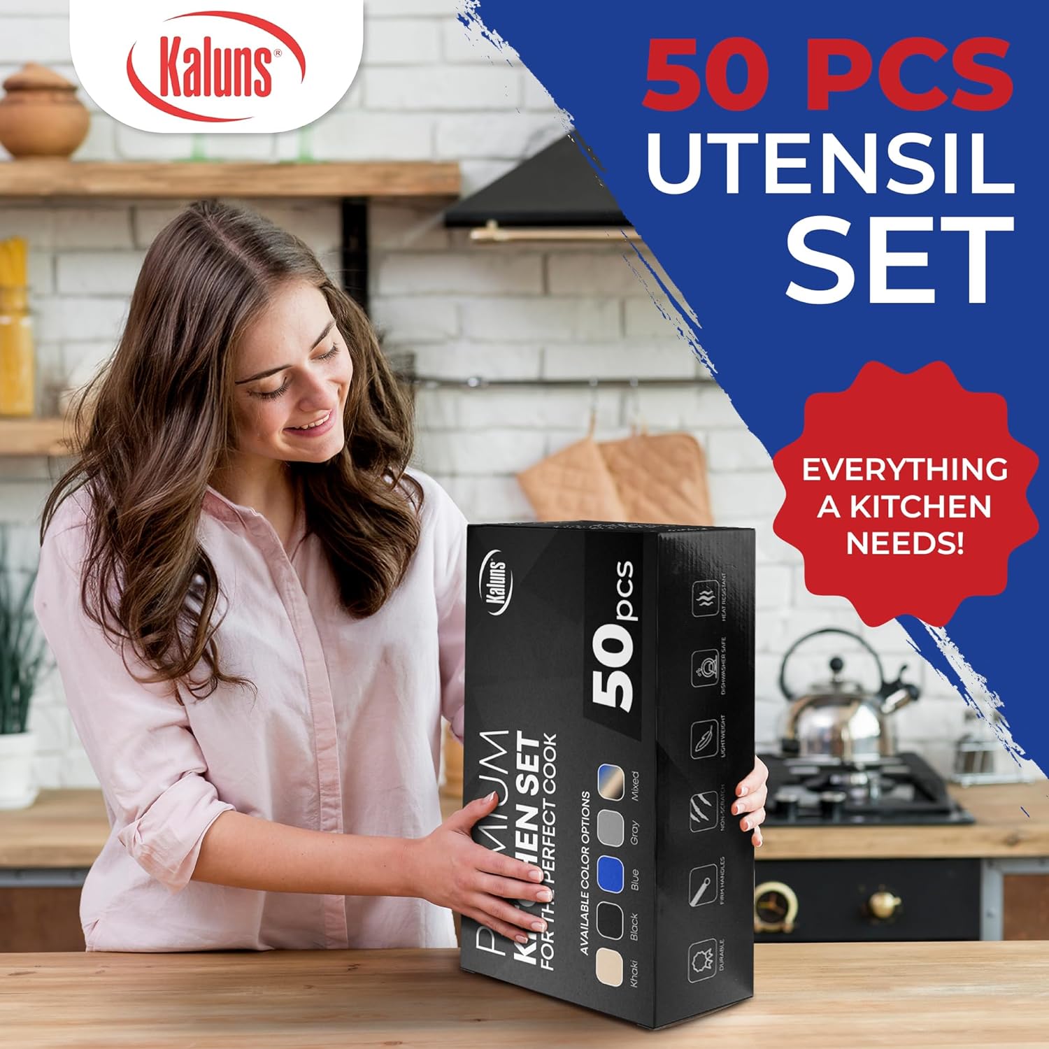 Kaluns 50 PCS Silicone Kitchen Utensils Set Complete Kitchen Set - 800°F Heat Resistant Non-Stick Premium Silicone Cooking Utensils W Wooden Handles - Can Opener, Masher, Turner, Silicone Spatula Set, Blue4