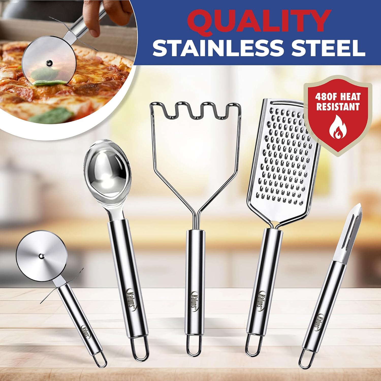 Kaluns 50 PCS Silicone Kitchen Utensils Set Complete Kitchen Set - 800°F Heat Resistant Non-Stick Premium Silicone Cooking Utensils W Wooden Handles - Can Opener, Masher, Turner, Silicone Spatula Set, Blue9