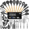 Kaluns 50 PCS Silicone Kitchen Utensils Set Complete Kitchen Set - 800°F Heat Resistant Non-Stick Premium Silicone Cooking Utensils W Wooden Handles - Can Opener, Masher, Turner, Silicone Spatula Set, Gray