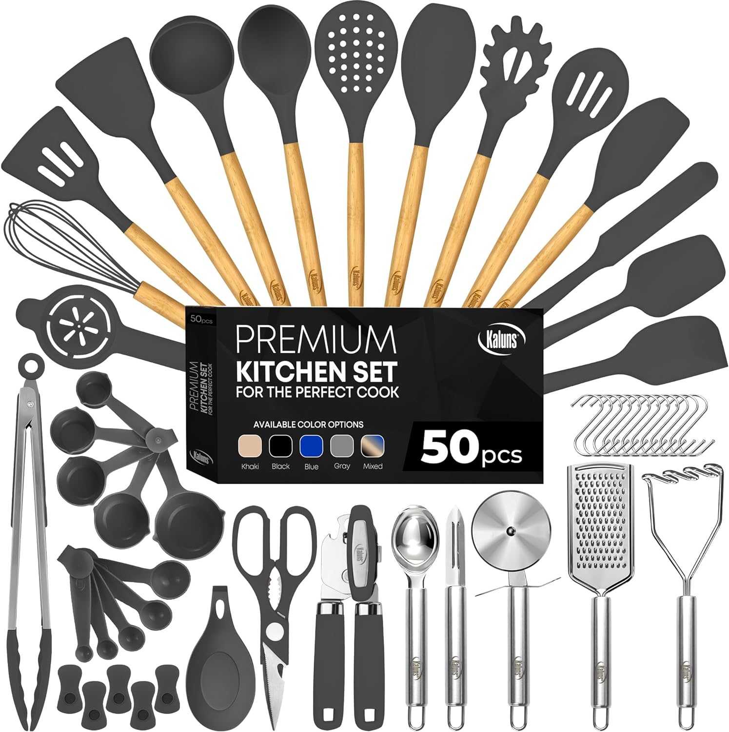 Kaluns 50 PCS Silicone Kitchen Utensils Set Complete Kitchen Set - 800°F Heat Resistant Non-Stick Premium Silicone Cooking Utensils W Wooden Handles - Can Opener, Masher, Turner, Silicone Spatula Set, Gray Kaluns 50 PCS Silicone Kitchen Utensils Set Complete Kitchen Set - 800°F Heat Resistant Non-Stick Premium Silicone Cooking Utensils W Wooden Handles - Can Opener, Masher, Turner, Silicone Spatula Set, Gray