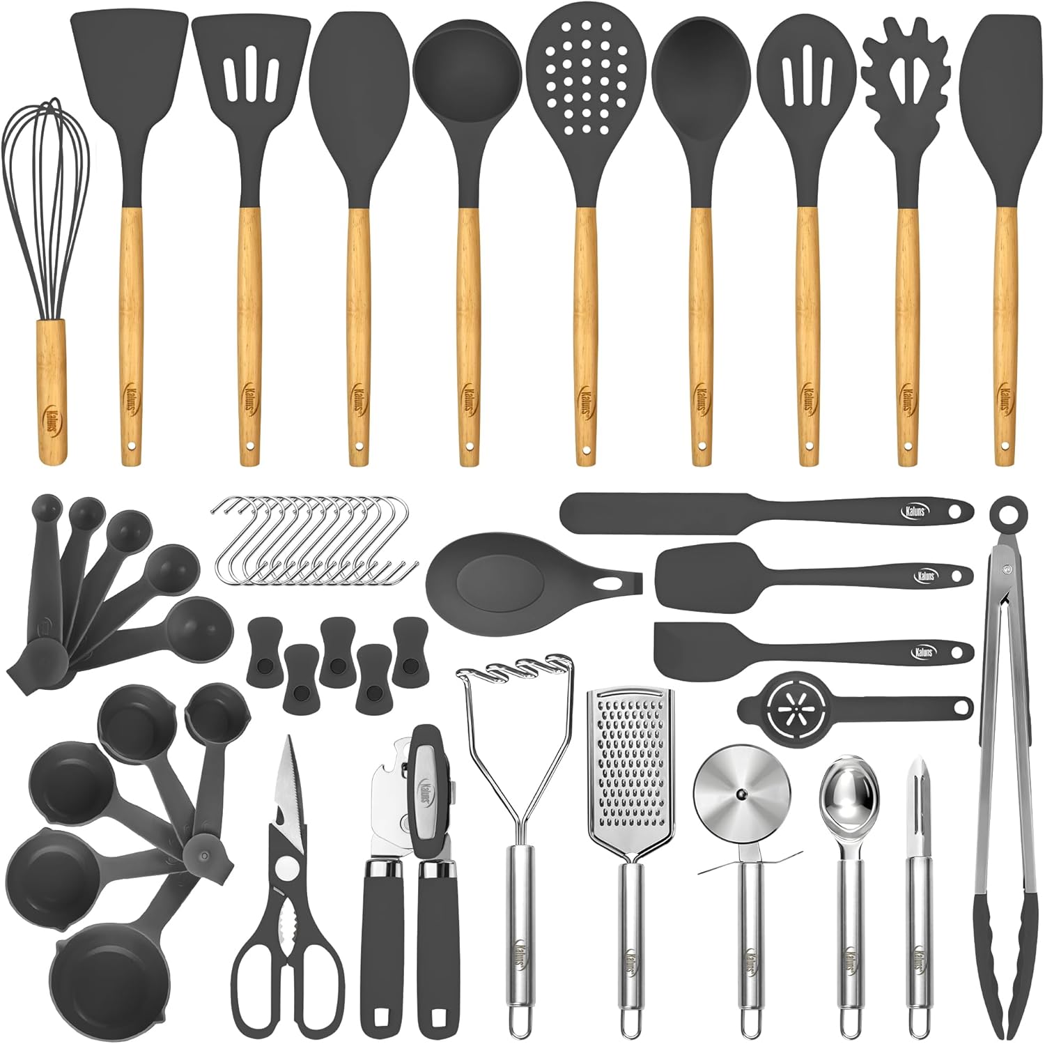 Kaluns 50 PCS Silicone Kitchen Utensils Set Complete Kitchen Set - 800°F Heat Resistant Non-Stick Premium Silicone Cooking Utensils W Wooden Handles - Can Opener, Masher, Turner, Silicone Spatula Set, Gray11