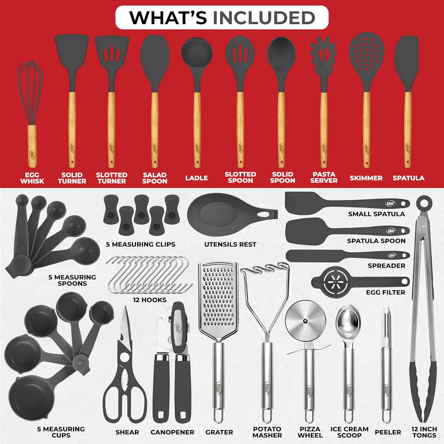 Kaluns 50 PCS Silicone Kitchen Utensils Set Complete Kitchen Set - 800°F Heat Resistant Non-Stick Premium Silicone Cooking Utensils W Wooden Handles - Can Opener, Masher, Turner, Silicone Spatula Set, Gray2